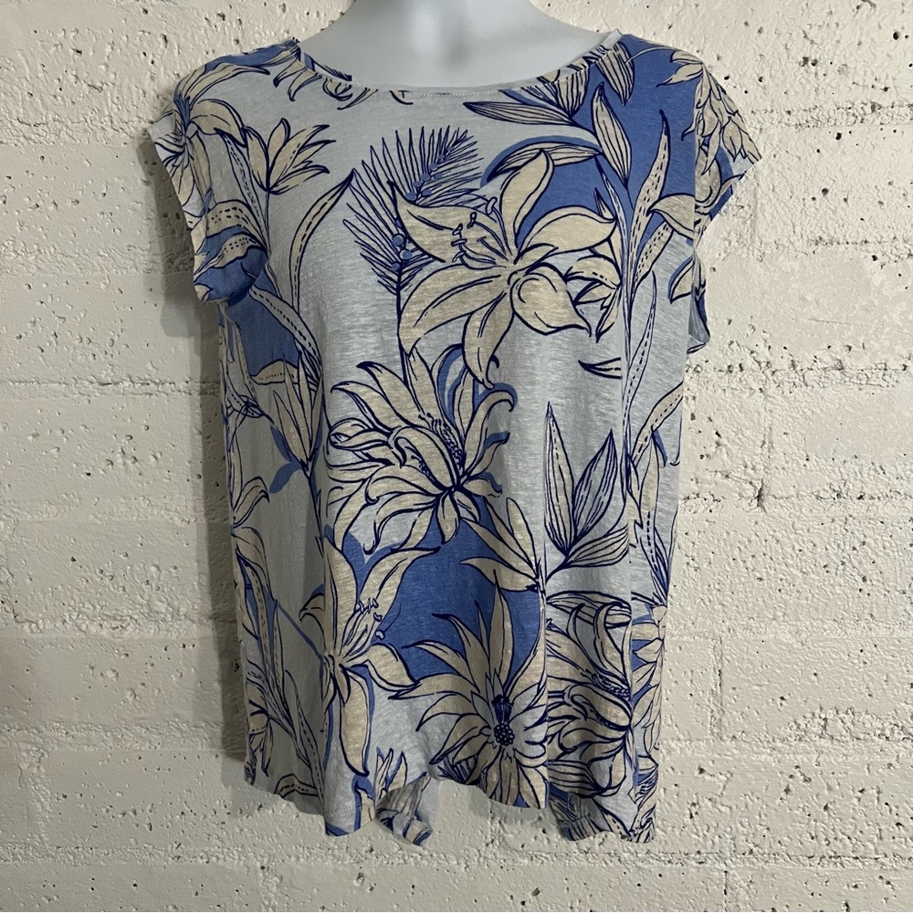 Halston Womens Top L Blue Floral 100% Linen Short Sleeve Button Back R13